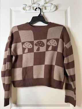No Boundaries Brown and Cream Checkerboard Mushroom Crewneck Sweater